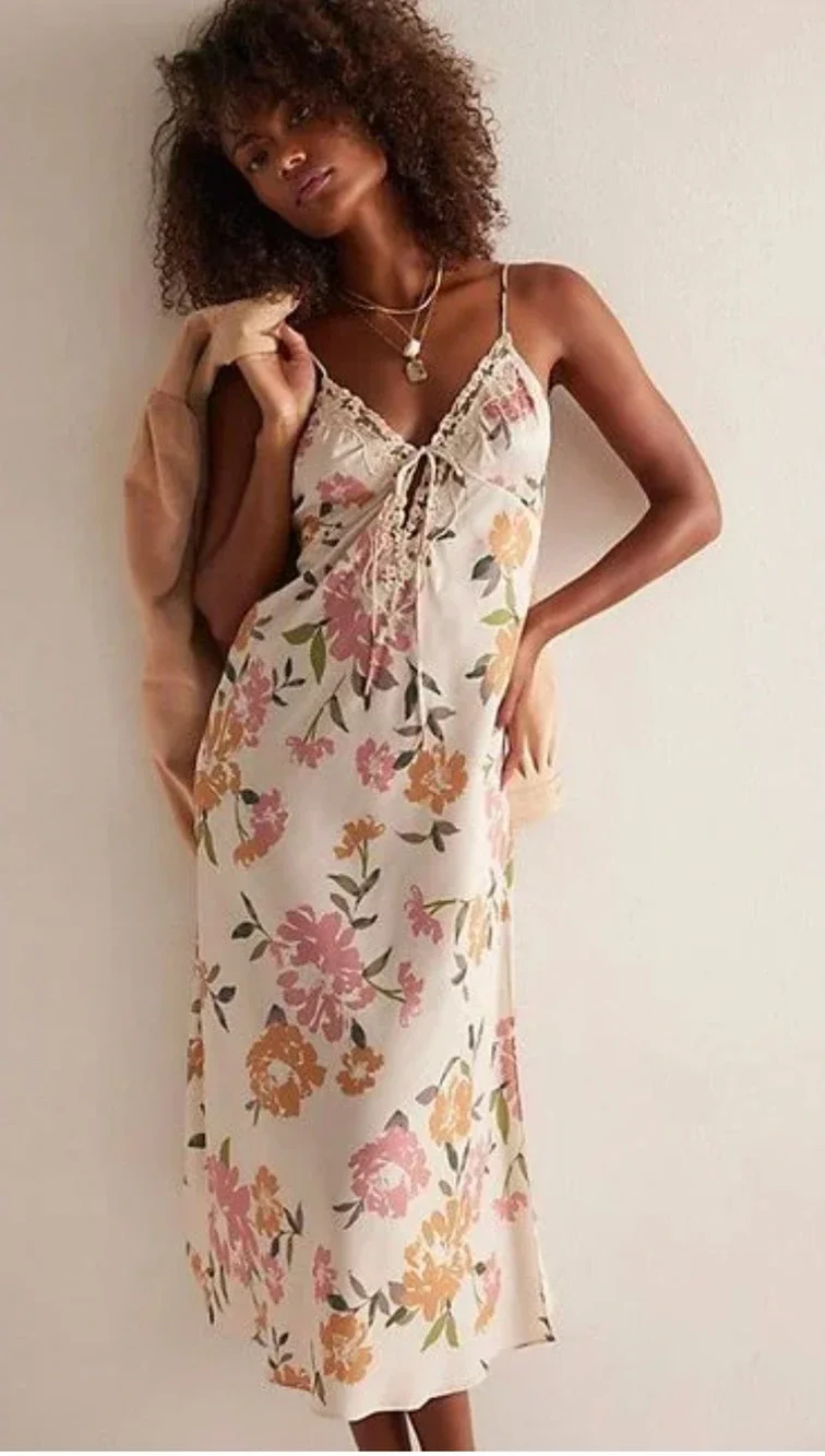 NEW FREE PEOPLE INTIMATELY NEUTRAL COMBO SOMEONE LIKE YOU MIDI SLIP DRESS SZ M